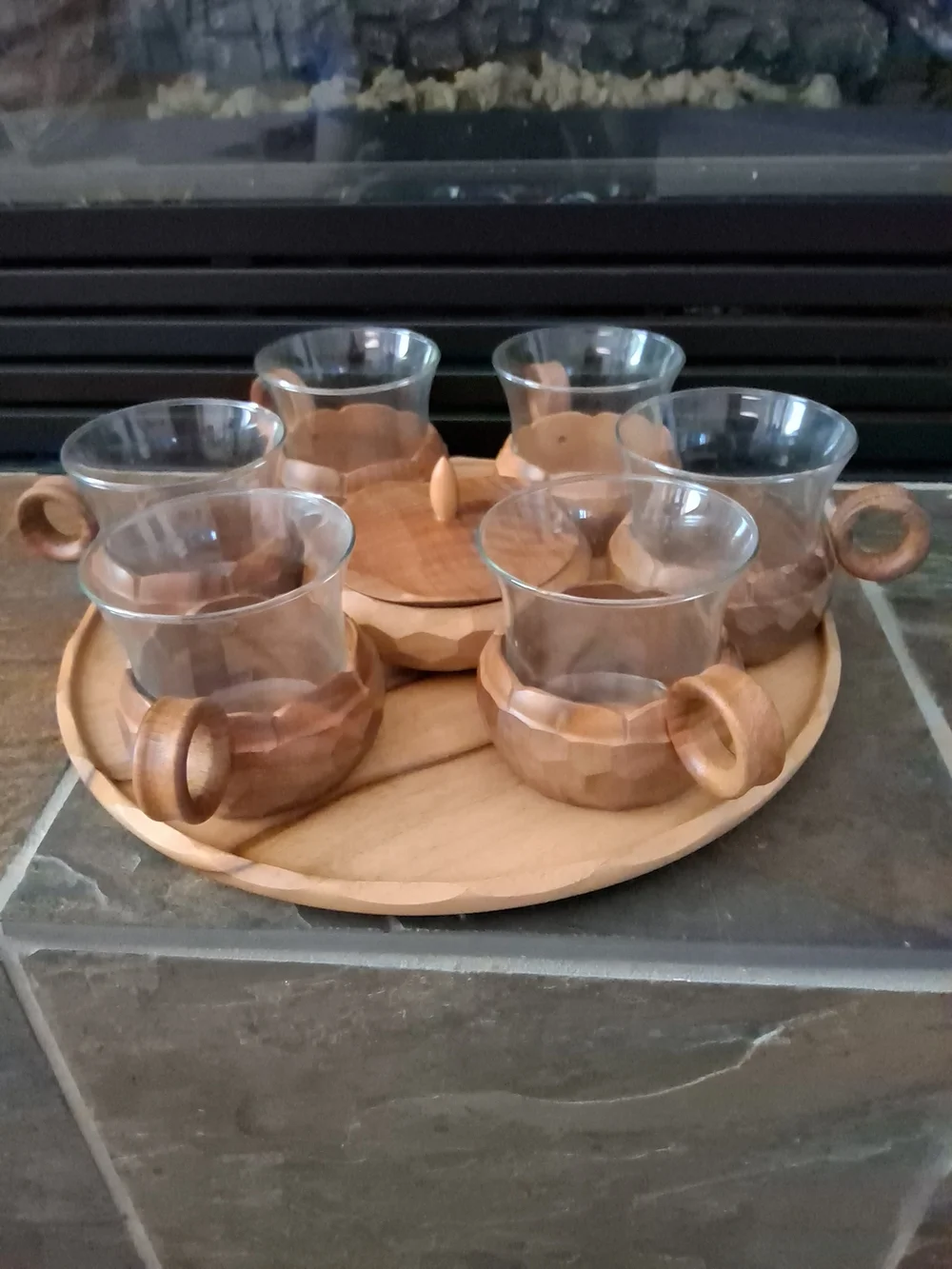 1960's Schott & Gen Mainz W/Jena Glass/Teak 6 Coffee Cups, Sugar & Teak Tray